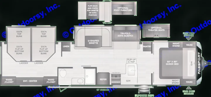 Detailed RV rental floor plan of a travel trailer, highlighting bunks, queen bed, kitchen, dinette, and storage.. Keystone Passport 2022