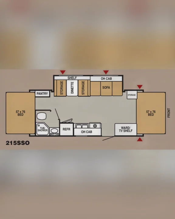 This RV rental floor plan shows a 215SSO model with two beds, a dinette, sofa, kitchen, and bathroom layout.. Starcraft Antigua 2007