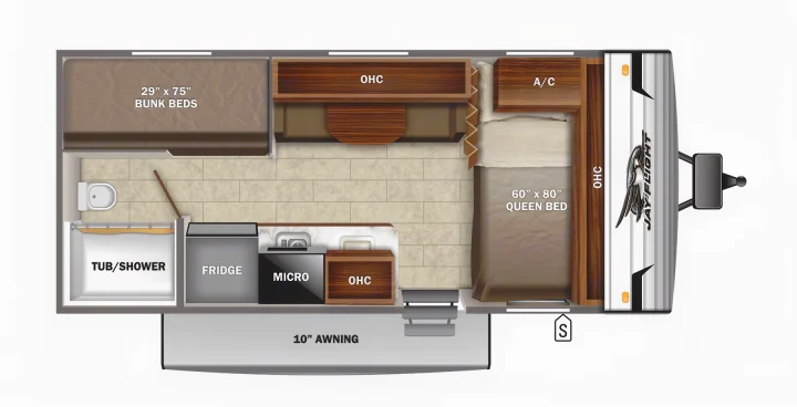 RV rental floor plan: 29"x75" bunk beds, 60"x80" queen bed, kitchen, bath, dinette, and 10" awning.. Jayco Jay Flight SLX 2022