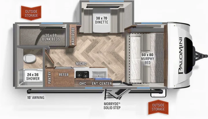 Detailed RV rental floor plan of a Palomini travel trailer: Murphy bed, bunks, dinette, kitchen & bath. Perfect for trips.. Forest River Palomino Palomini 2022