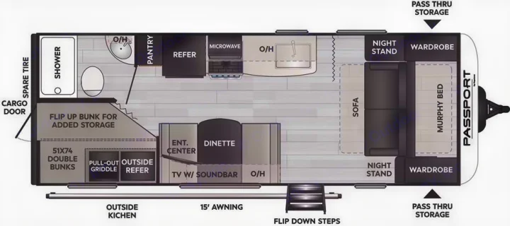 This RV rental travel trailer floorplan details the interior: kitchen, dinette, bathroom, bunk beds, and a Murphy bed.. Keystone Passport 2022