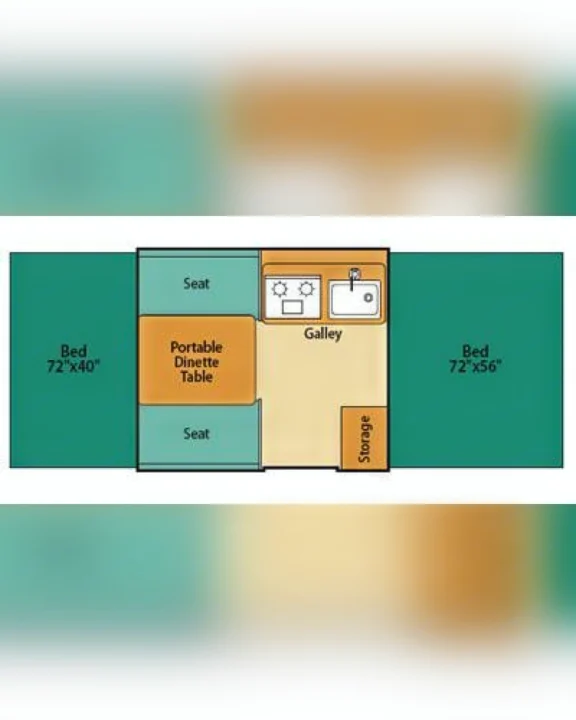 RV rental floor plan shows camper interior with beds, galley, dinette, and storage layout.. Fleetwood Other 2005