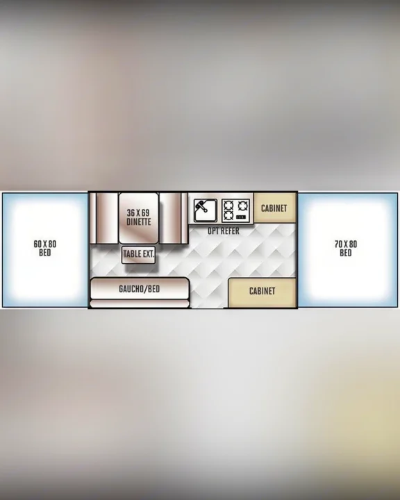 RV rental pop-up camper floor plan. Details two beds (60x80, 70x80), dinette, kitchen, and gaucho bed.. Flagstaff/ForestRiver M.A.C.SeriesM-228 2016