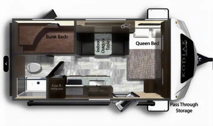 Explore this RV rental's cozy interior, featuring a queen bed, bunk beds, kitchen, and bathroom in its practical floor plan.. Dutchmen Kodiak Cub 175BH 2022