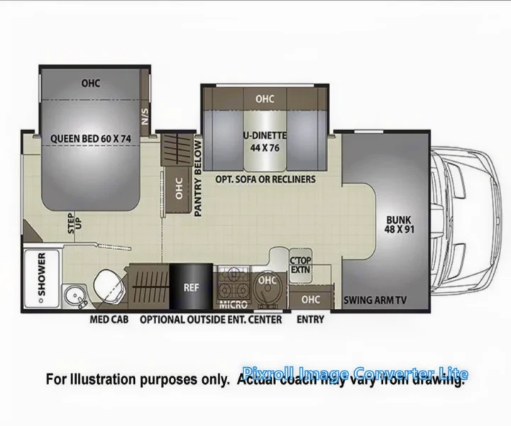 Explore this spacious RV rental floor plan with queen bed, bunk, dinette, kitchen, and shower layout.. Coachmen Prism 2022