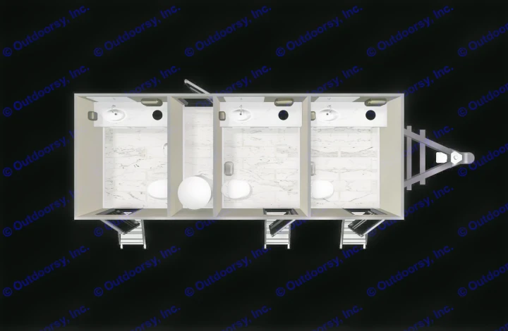 Overhead view of a 3-stall portable restroom trailer: each stall has a toilet & sink. Ideal for events & RV rental options.. Luxury Bathroom 3 Stall 2023