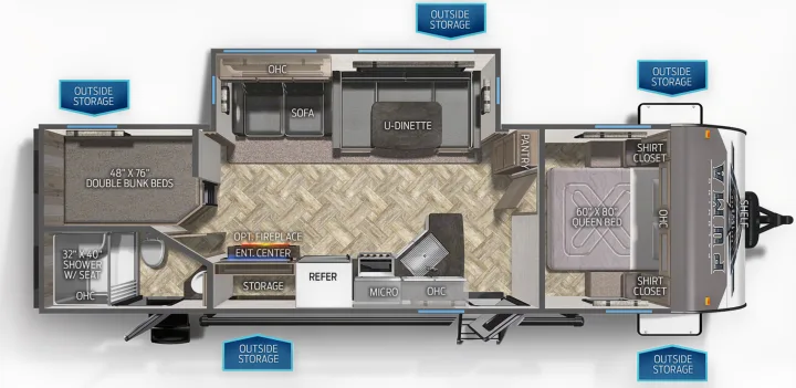 Detailed RV rental floor plan featuring a queen bed, double bunk beds, shower, kitchen, U-dinette, and sofa.. Forest River Palomino Puma 2019