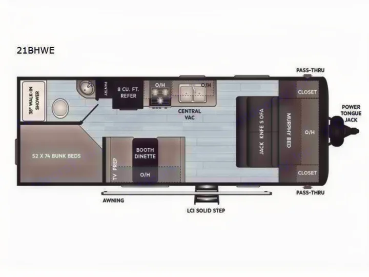This 21BHWE RV rental floor plan features bunk beds, a Murphy bed, full kitchen, and bath, perfect for camping.. Keystone Hideout 21BHWE 2021
