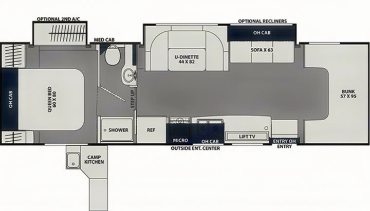RV rental floor plan showing a motorhome's interior: queen bed, bunk, bathroom, dinette, and kitchen.. Coachmen Leprechaun 2023