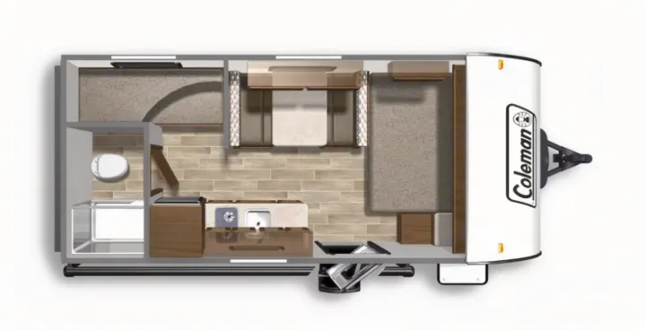 Top-down view of a Coleman RV rental floor plan: kitchen, dinette, bathroom, and multiple sleeping areas.. Coleman Other 2021