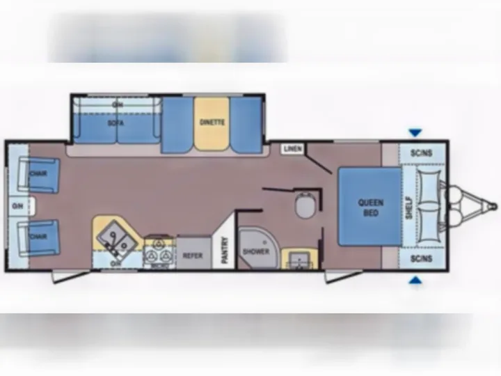 Explore this RV rental's detailed floor plan: queen bed, full kitchen, bathroom, dinette, sofa, and chairs. A travel trailer layout.. Dutchmen Coleman Light 2018