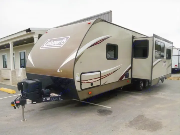 Light brown Coleman travel trailer with an extended slide-out, available for RV rental.. Dutchmen Coleman Light 2018