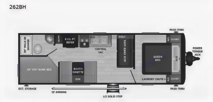 RV rental 262BH floor plan: This detailed layout features a queen bed, bunk bed, dinette, kitchen, and full bath.. Keystone RV Hideout 2022