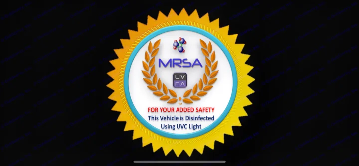 A gold and blue safety seal for an RV rental, stating 'This Vehicle is Disinfected Using UVC Light' for added safety, targeting MRSA.. Winnebago Solis 2021