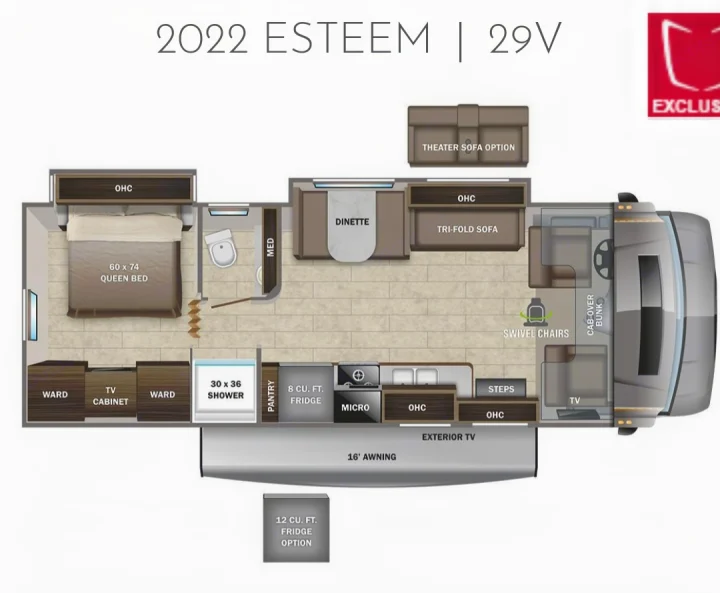 Detailed floor plan of a 2022 Esteem 29V RV, useful for rv rental planning. Shows queen bed, kitchen, bath, dinette.. Entegra Esteem 29v 2022