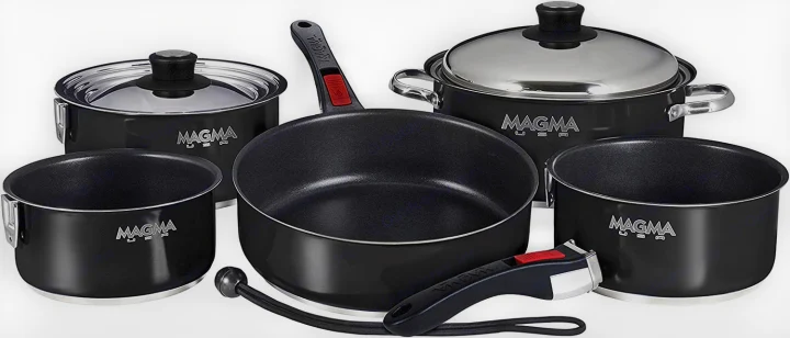 Space-saving Magma USA cookware set, ideal for your RV rental adventures. Black pots, pans, and a smart detachable handle.. Airstream Caravel 2022