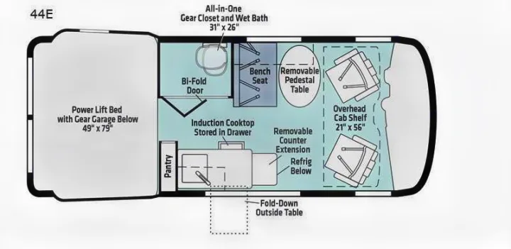 RV rental floor plan 44E, detailing a campervan interior with bed, wet bath, kitchen, and flexible seating area.. Winnebago Revel 2023