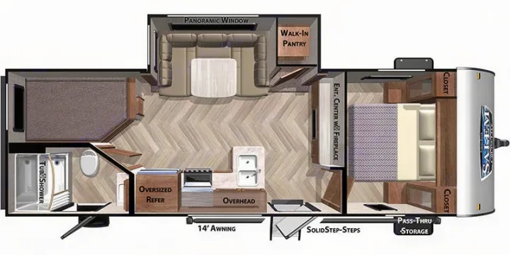 Explore this RV rental's detailed floor plan: features include two private sleeping areas, kitchen, living room, bath, and a 14' awning.. Forest River Wildwood X-Lite 2020