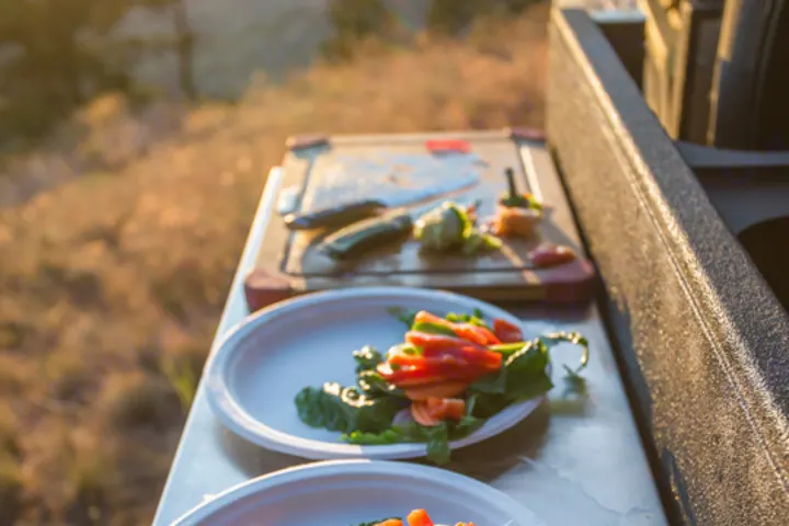 Outdoor RV rental meal prep: fresh salad on plates, ingredients on cutting board. Perfect for camping adventures.. Schutt XV-3 Severe Duty 2022