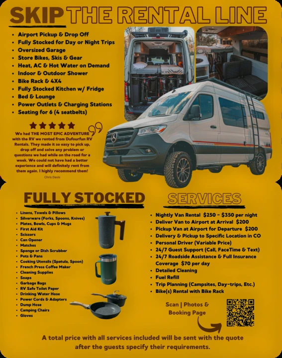 Advertisement for RV rental, featuring a fully-equipped white Sprinter van, detailing services and amenities for a seamless adventure.. StoryTeller Overland Classic Mode 4X4 2022
