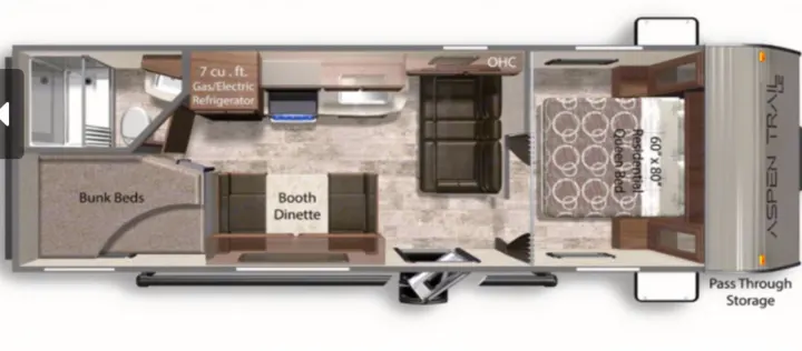 RV rental layout: This Aspen Trail floor plan features a queen bed, bunk beds, dinette, kitchen, and full bath.. Dutchmen Aspen Trail 25 BH 2022