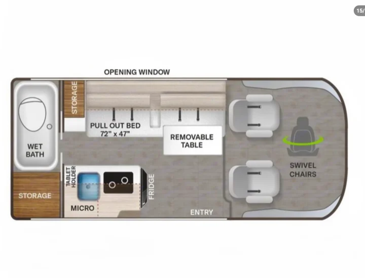 RV rental floor plan shows a compact layout: wet bath, 72"x47" pull-out bed, kitchen with micro/fridge, and swivel chairs.. Thor Motor Coach Scope 2022