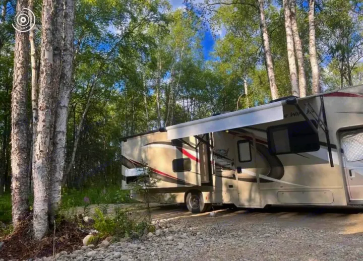 RV rental: A tan Class C motorhome with awning extended, parked on gravel in a lush birch forest campsite.. Thor Four Winds 2019