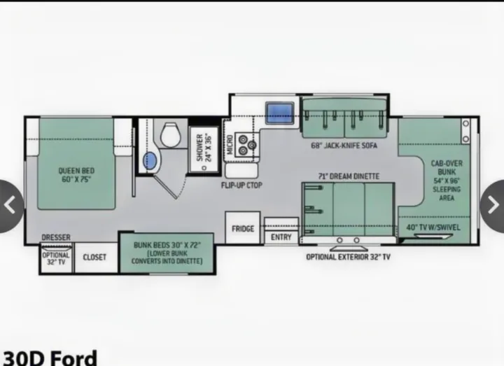 This RV rental floor plan details a spacious interior with a queen bed, bunks, bath, kitchen, dinette, and sofa.. Thor Four Winds 2019
