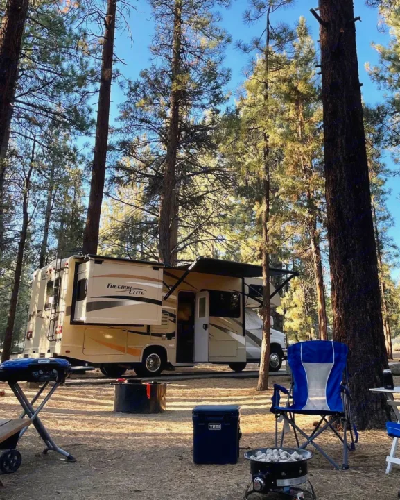 An RV rental campsite setup, featuring a spacious RV with extended awning, a grill, cooler, and chairs among tall pine trees.. Thor Freedom Elite 2017