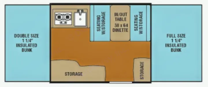 RV rental pop-up camper floor plan featuring double & full insulated bunks, dinette, kitchen, and ample storage.. Coachmen Clipper 2008