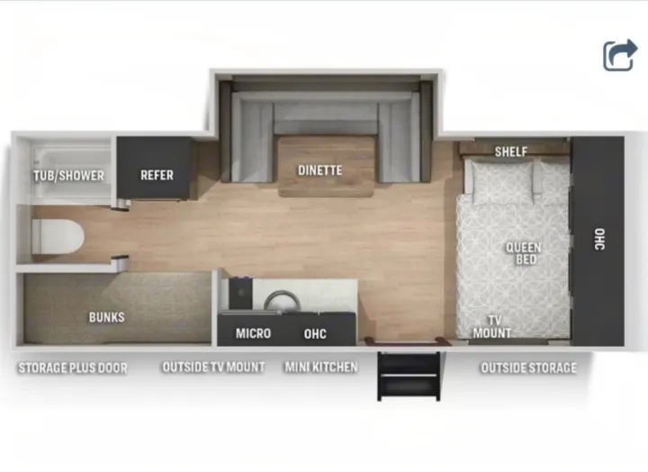 RV rental floor plan: queen bed, bunks, dinette, mini kitchen, and bath with tub/shower layout.. Forest River Cherokee Wolf Pup 2022