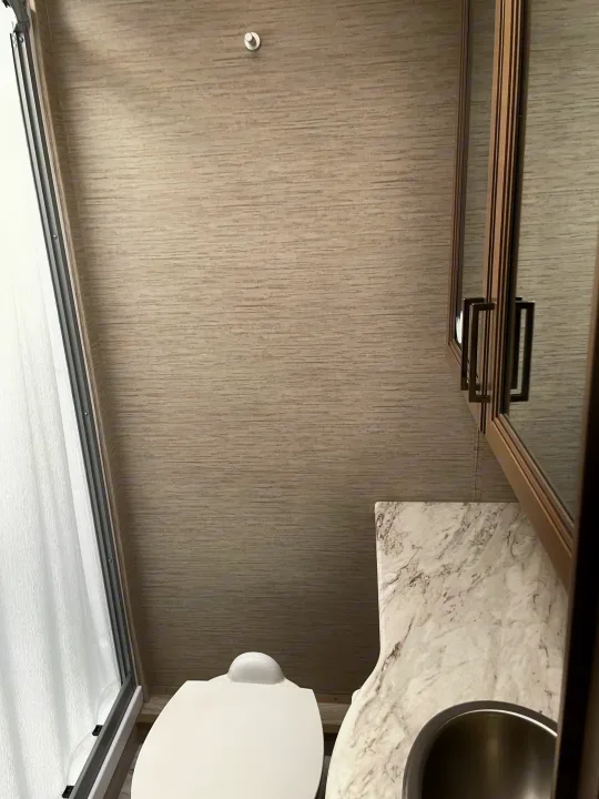 RV rental compact bathroom showing toilet, sink, vanity, mirrored cabinet, and shower. Light, textured walls.. Thor Coleman 2022