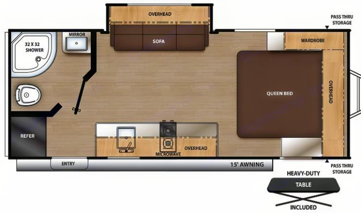 RV rental floor plan displays a modern layout: queen bed, sofa, kitchen with microwave/refer, and 32x32 shower. Pass-thru storage shown.. Coachmen Catalina 2022