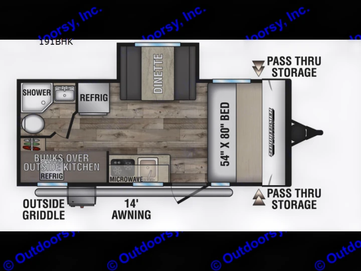 This RV rental floor plan (191BHK) shows the interior layout with a bed, dinette, kitchen, bath, and storage areas.. KZ Sportsmen Classic 191BHK 2025