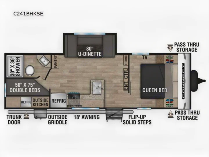 This RV rental C241BHKSE floor plan features a queen bed, double bunks, U-dinette, kitchen, shower, and an 18' awning.. KZ Connect 241BHKSE 2026