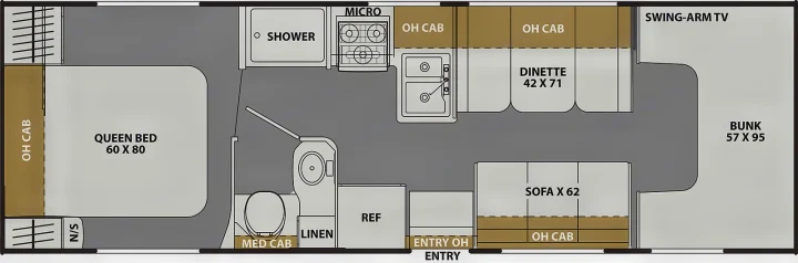 RV rental floor plan: A top-down view of the RV's interior, featuring a queen bed, dinette, bunk, kitchen, and bathroom.. Coachmen Freelander 2023