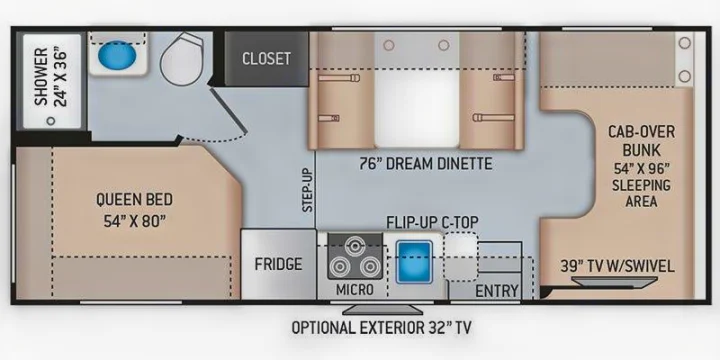 RV rental floorplan details a spacious interior with queen bed, cab-over bunk, dinette, full kitchen, and bath amenities.. Thor Four Winds 2022