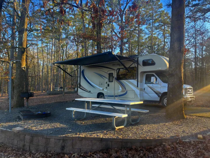 A beige and white RV rental is set up with an awning and picnic table at a gravel campsite surrounded by trees.. Thor Freedom Elite 2019