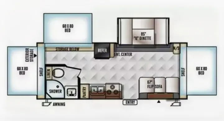 Detailed RV rental floor plan shows 3 beds, dinette, kitchen, bathroom, and living area. Perfect for your camper adventure.. Forest River Flagstaff Shamrock 2016