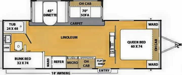 RV rental floor plan: A spacious layout with queen bed, bunk beds, dinette, kitchen, and full bathroom (tub, toilet).. Coachmen Catalina 2012