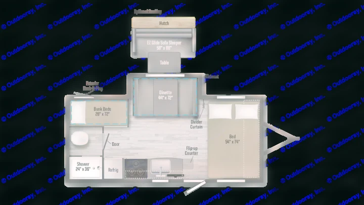 Detailed RV rental floor plan of a travel trailer, revealing efficient interior layout with sleeping areas & kitchen.. Winnebago Micro Minnie 2021