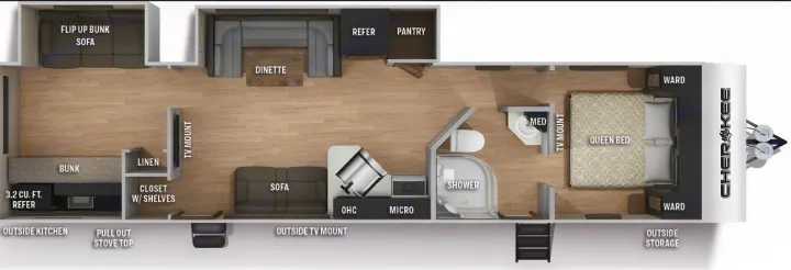 Open floorplan with 2 bedrooms, perfect for families!! Unlimited storage as well! . Forest River Cherokee 2022