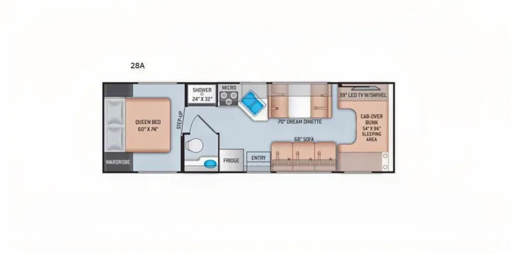 RV rental floor plan (model 28A) details queen bed, cab-over bunk, dinette, sofa, kitchen, and bath layouts.. Thor Four Winds 2021