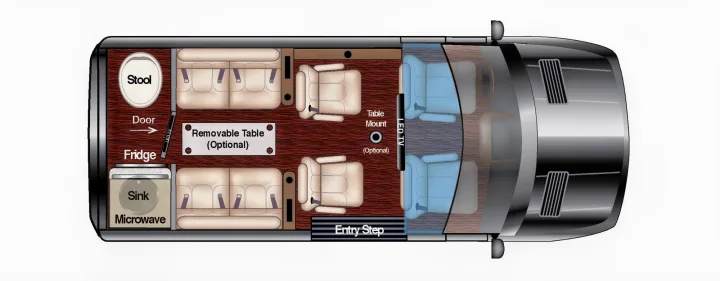 RV rental interior floor plan: Spacious seating, kitchen (fridge, sink, microwave), optional table, and LED TV.. Ultimate Toys Ultimate Cruiser 2021
