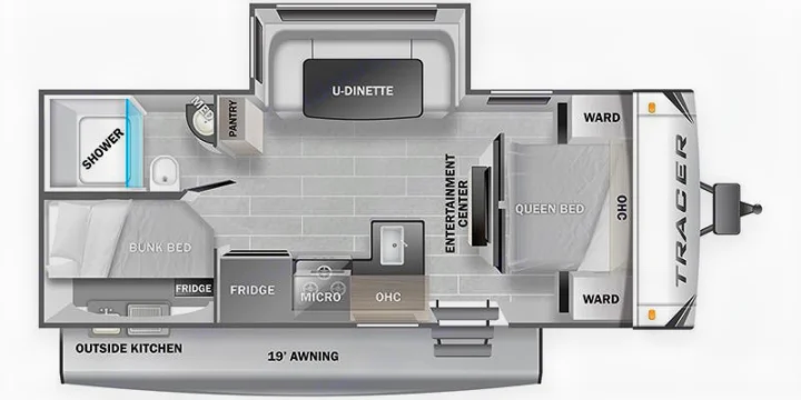 This RV rental floor plan displays a spacious model with queen/bunk beds, U-dinette, bath, full kitchen, and outdoor amenities.. Forest River Tracer 2022