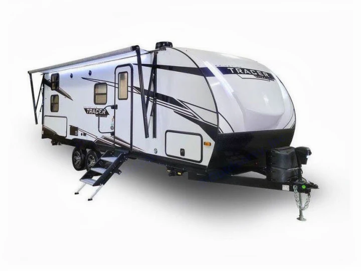 White Tracer travel trailer RV, with extended awning & steps down, perfect for RV rental trips.. Forest River Tracer 2022