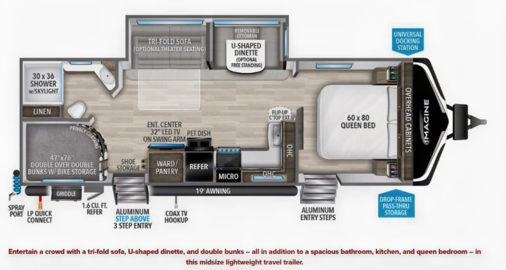 Detailed rv rental floor plan: 60x80 queen bed, double bunks, U-shaped dinette, kitchen, and bath in a lightweight travel trailer.. Grand Design Imagine 2021