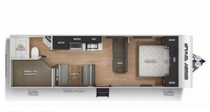 Explore this Grey Wolf RV rental floor plan: Queen bed, bunks, full kitchen, bath & ample storage for your next adventure.. Forest River Cherokee Grey Wolf 2022