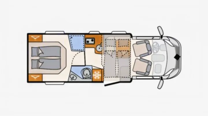 RV rental interior layout: detailed floor plan with twin beds, kitchen, bathroom, and driver's cabin.. Dethleffs JUST T7052 DBM 2023