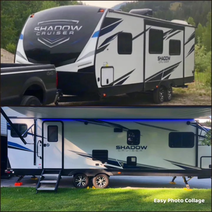 Shadow Cruiser travel trailer: Top shows RV hitched for travel; bottom shows RV rental setup with awning, steps, and lights.. Cruiser Rv Corp Shadow Cruiser 2021